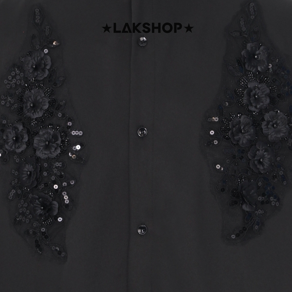 Áo Black 3D Flower with Pearl Neck Shirt