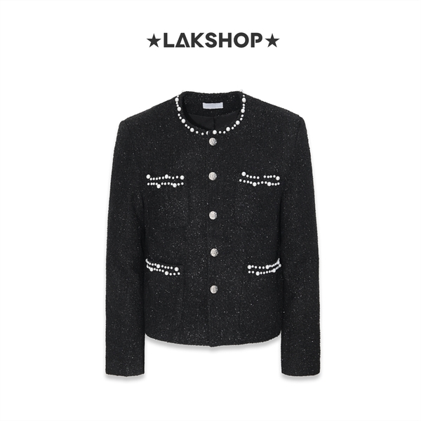 Áo Black Bling Bling with Pearl Trim Pocket Tweed Jacket