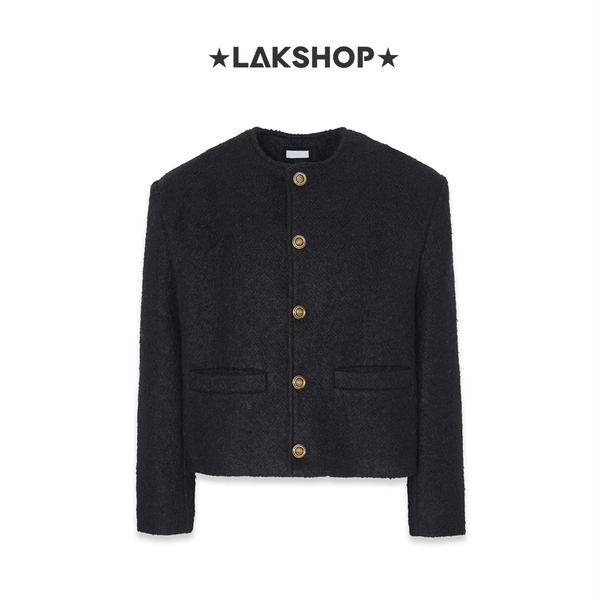 Áo Black with Black Fur Collar Tweed Jacket