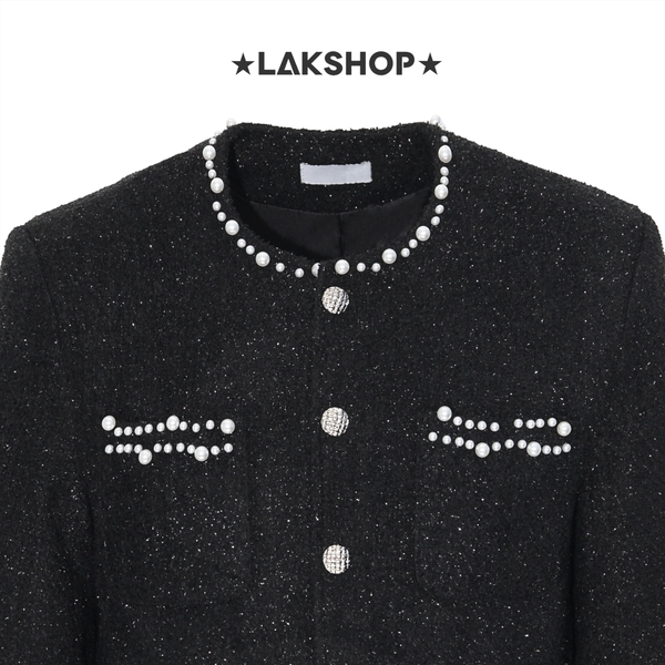 Áo Black Bling Bling with Pearl Trim Pocket Tweed Jacket