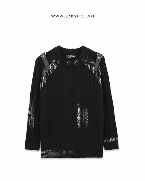 Aó Black Paint Drawing with Buckle Knit Sweater cx3