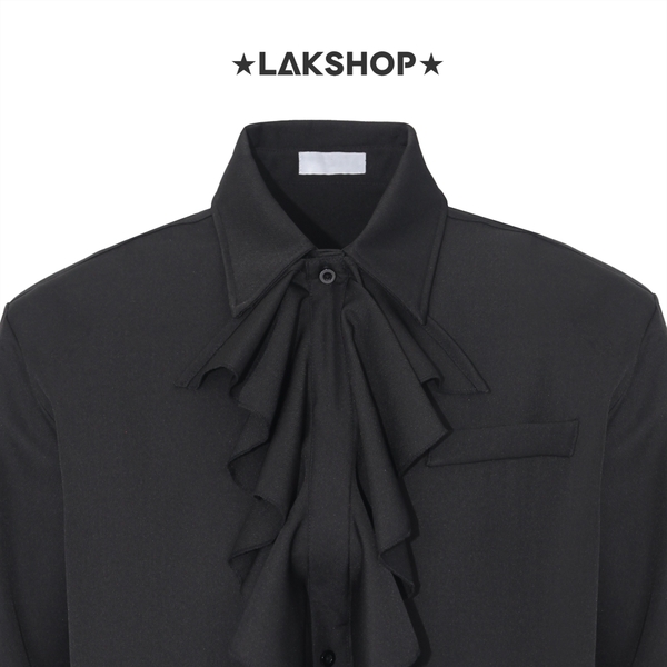 Áo Black Ruffled Collar Shirt with Padded Shoulder