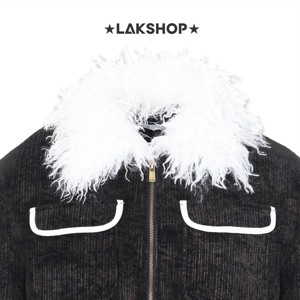 Áo Black with White Fur Collar Velvet Jacket