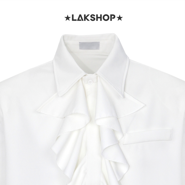 Áo White Ruffled Collar Shirt with Padded Shoulder