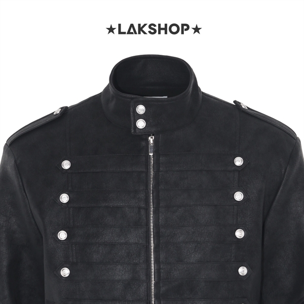 Áo Black Napoleon Double-Breasted Leather Jacket