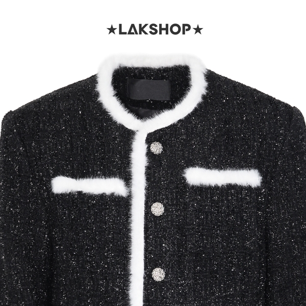 Áo Black Bling with Fur Trim Tweed Jacket