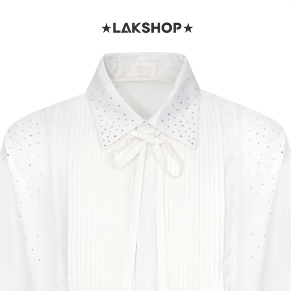 Áo White Pleats with Bling Neck Shirt