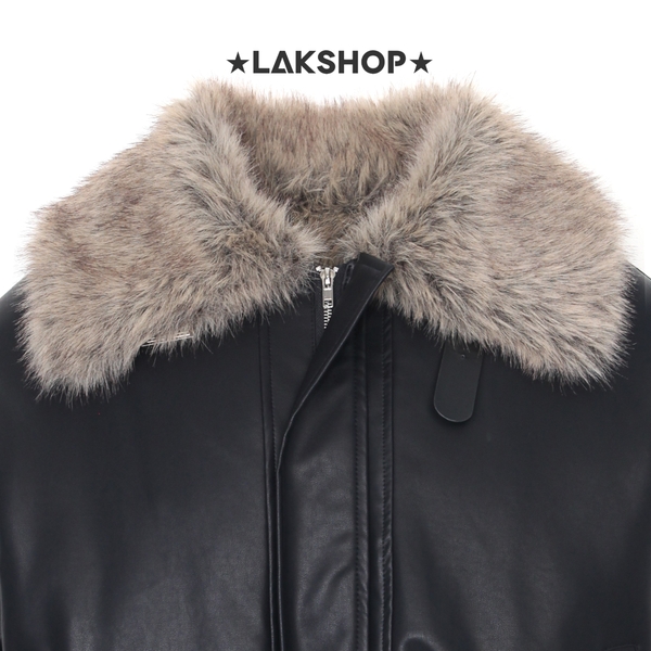 Áo Black Leather with Brown Fur Bomber Jacket