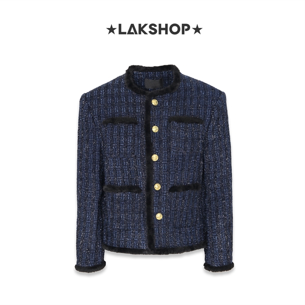 Áo Navy Bling with Fur Trim Tweed Jacket