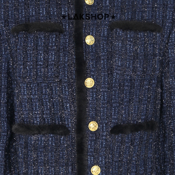 Áo Navy Bling with Fur Trim Tweed Jacket