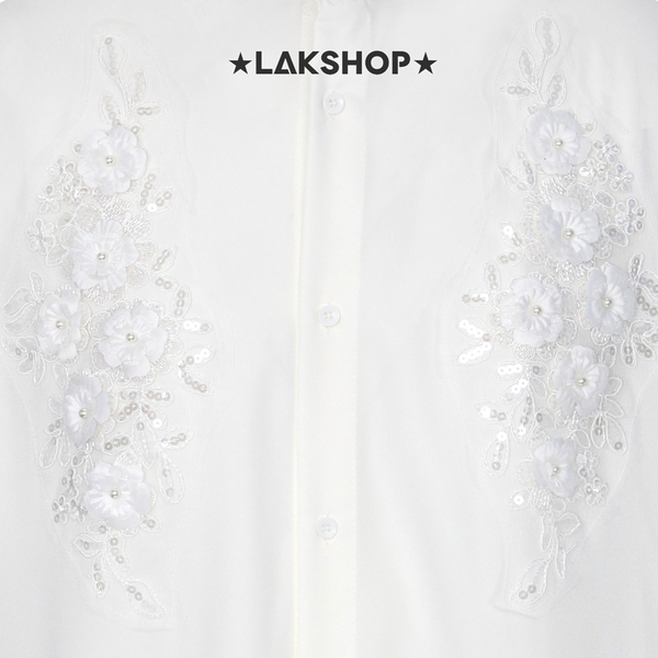Áo White 3D Flower with Pearl Neck Shirt