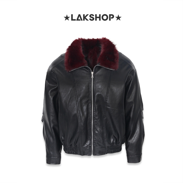 Áo Black Leather with Fur Red Bomber Jacket