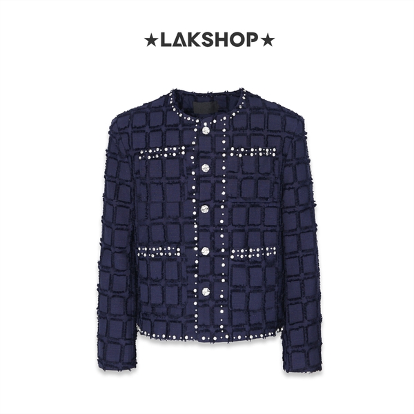 Áo Navy with Pearl Crystal Trim Tweed Jacket