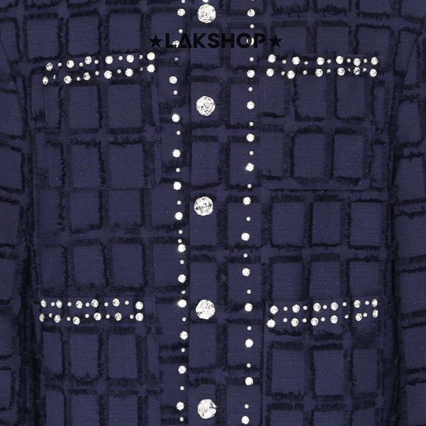Áo Navy with Pearl Crystal Trim Tweed Jacket