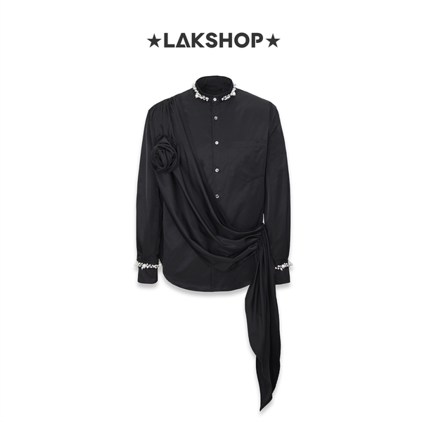 Áo Black Layer Flower with Pearl Mandarin Shirt