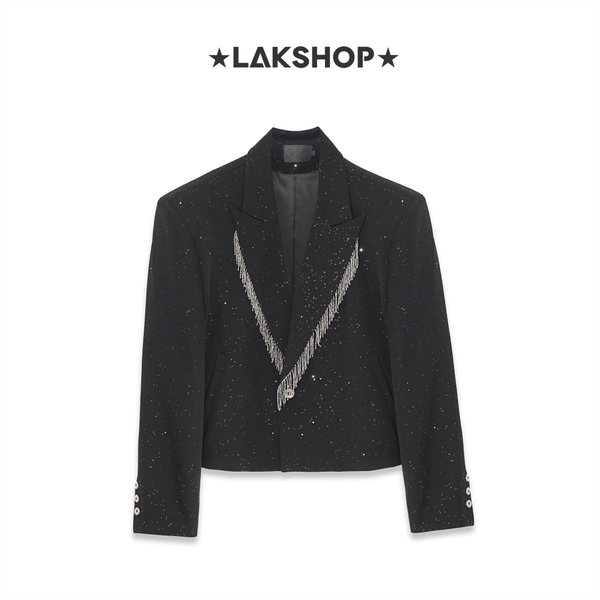 Áo Bling Black Fringe Trim Crop Blazer Jacket