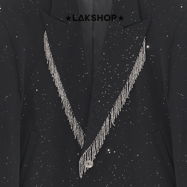 Áo Bling Black Fringe Trim Crop Blazer Jacket
