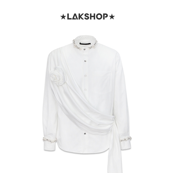 Áo White Layer Flower with Pearl Mandarin Shirt