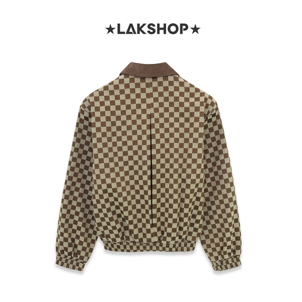 Áo Brown Checkerboard with Velvet Neck Jacket