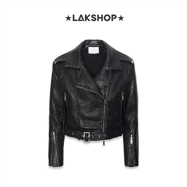 Áo Shiny Black Mid-Crop Leather Moto Biker Jacket