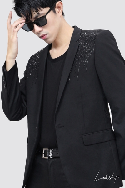 Áo Black Wool with Crystal Grain Decoration Blazer