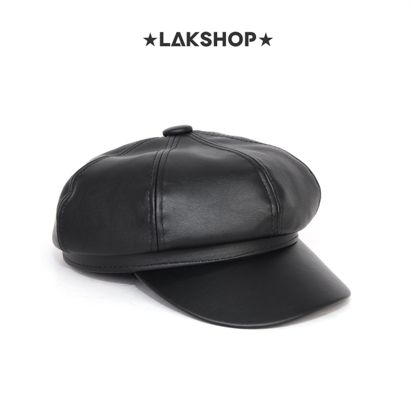 Mũ Black Faux Leather Beret Hat