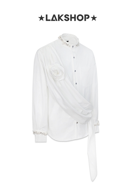 Áo White Layer Flower with Pearl Mandarin Shirt