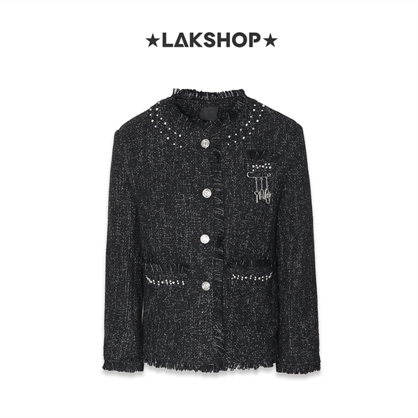 Áo Black Grey Smoke Fringe with Pearl Tweed Jacket