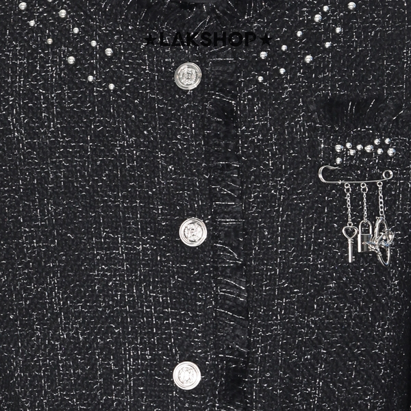 Áo Black Grey Smoke Fringe with Pearl Tweed Jacket