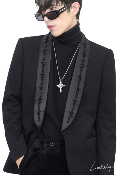 Áo Black Wool Blend with Silk Lapel Blazer