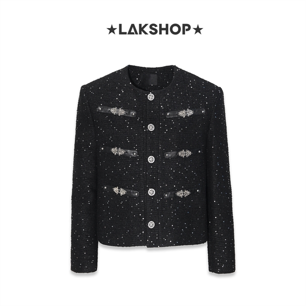 Áo Bling Sequin Double Buckle Tweed Jacket