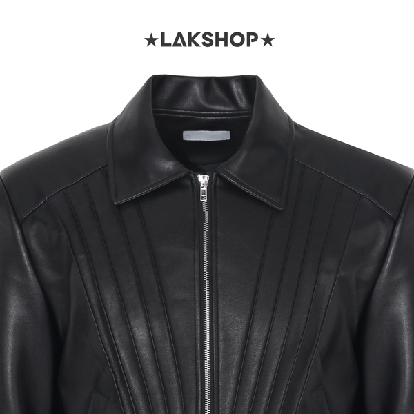 Áo Black Faux Leather Black V-shaped Pleated Jacket