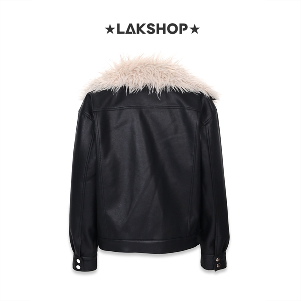 Áo Black Large Fur Collar Faux Leather Jacket