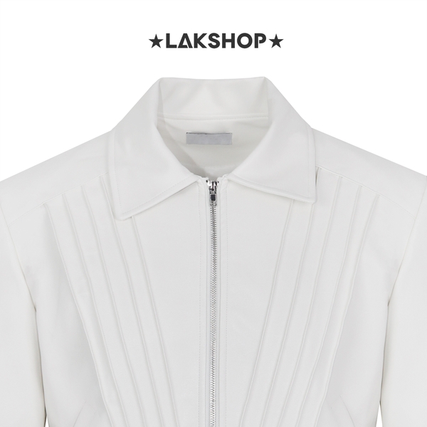 Áo White Faux Leather Black V-shaped Pleated Jacket