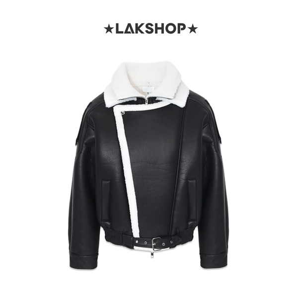 Áo Black Leather with Double Neck Jacket