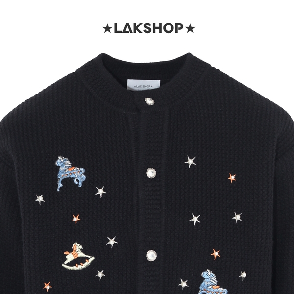 Áo Black Horse Embroidered Round-neck Sweater Cardigan