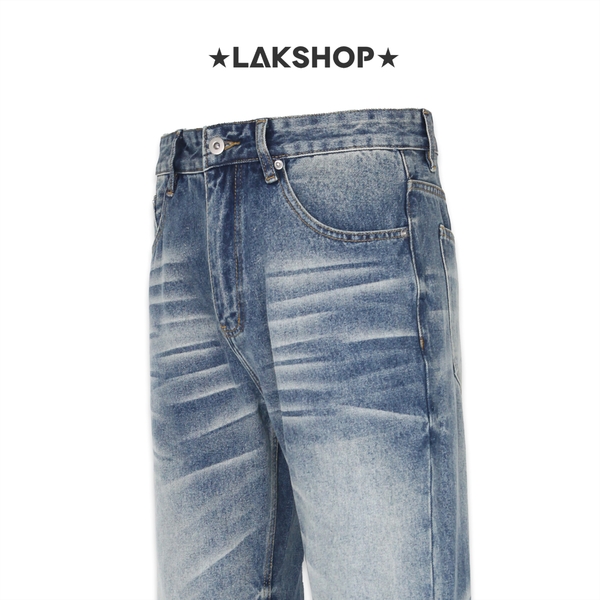 Quần Blue Washed Textured Distressed Loose Straight Leg Jeans