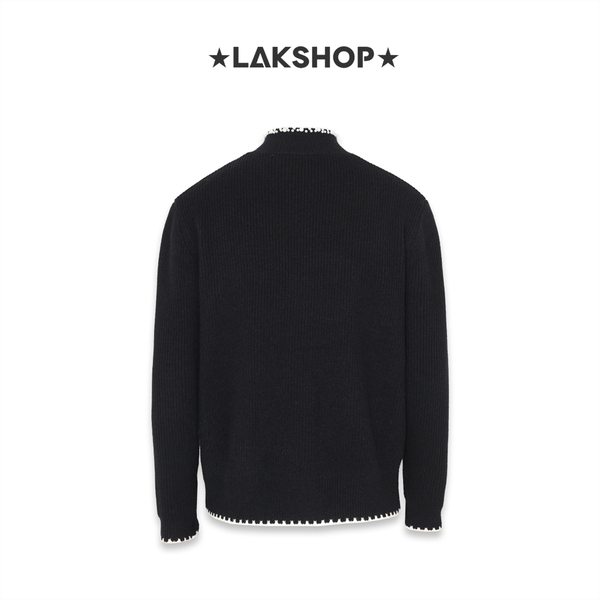 Áo Black High Neck Zip-up Knit Cardigan with White Trim