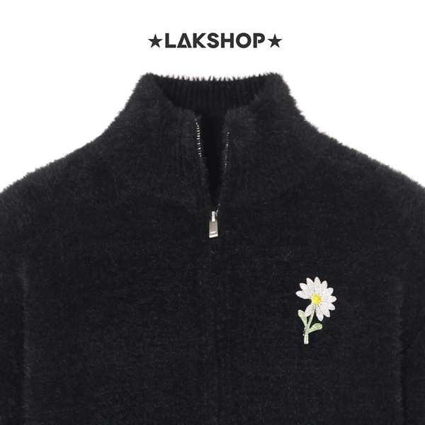 Áo Black Mohair Zip-up High-neck Knit Cardigan
