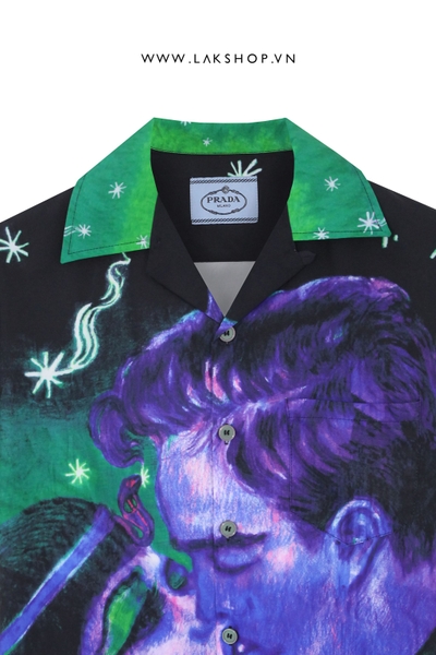Áo Pr@d@ Impossible True Love-print Cotton Shirt In Verde Multicolor cx4