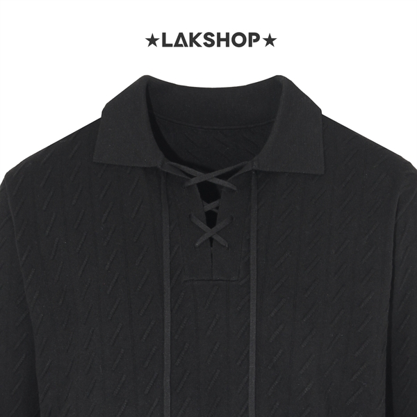 Áo Black Lace-up Knit Polo Shirt