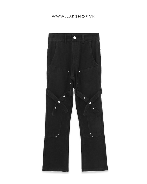 Black Thigh Straps Workwear Denim Carpenter Pants