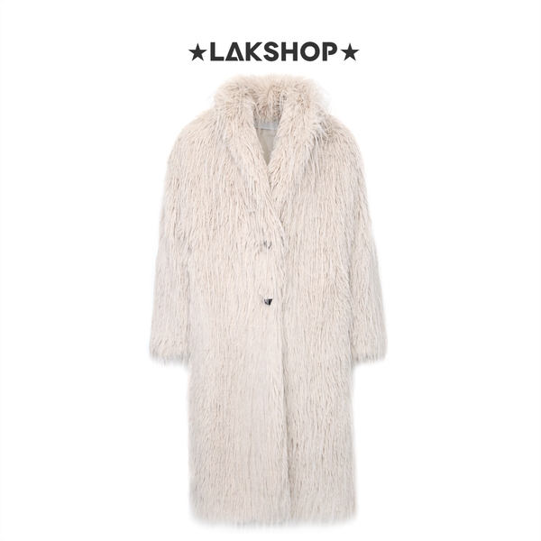 Áo Cream White Faux Fur Long Coat Jacket