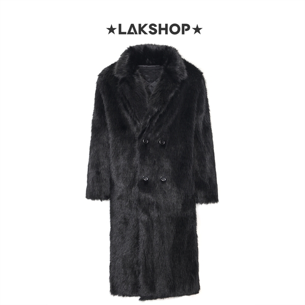 Áo Black Faux Fur Double-Breasted Long Coat Jacket
