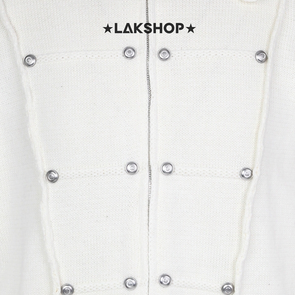 Áo White Zip-up Double- Breasted Military Knit Shirt