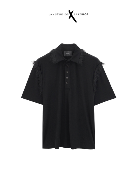 Áo Lak Studios Black Cotton with Faux Fur Polo Shirt cx2
