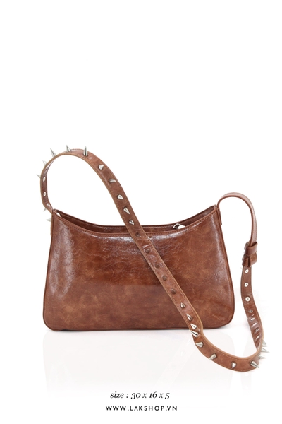 Brown Studded Leather Shoulder Bag