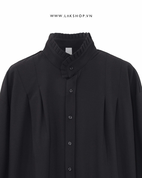 Áo Oversized Black High Neck Pleated Shirt