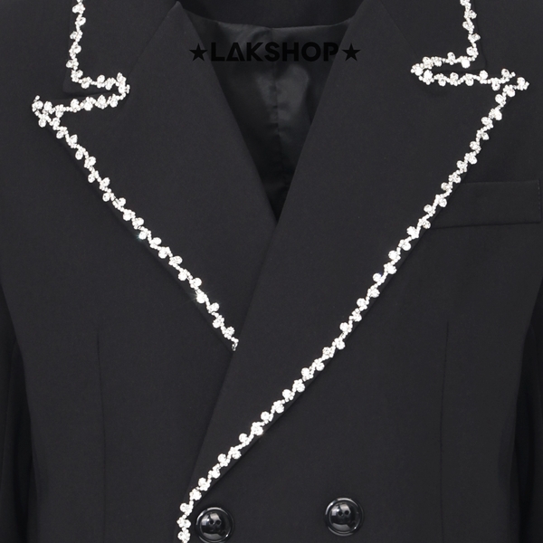 Áo Black with Crystal Trim Neck Blazer