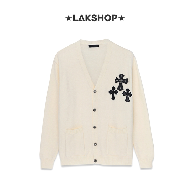 Áo C.H 3 Cross Leather Logo White Cardigan